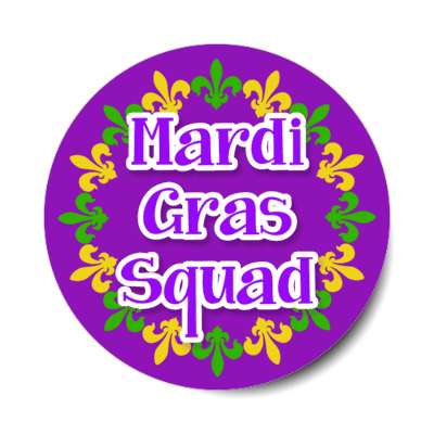mardi gras squad fleur de lis circle purple stickers, magnet