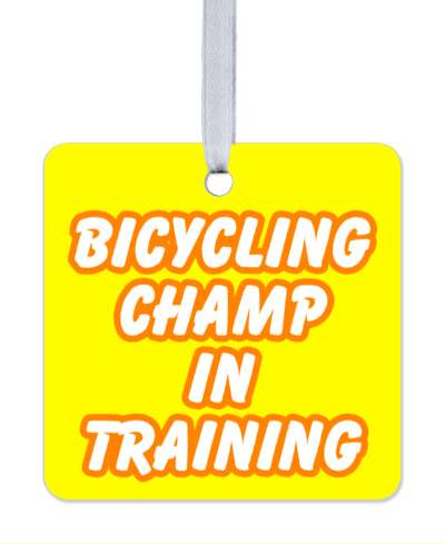 bicycling champ in training yellow orange white stickers, magnet