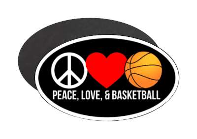 black white red three symbols peace love and basketball stickers, magnet