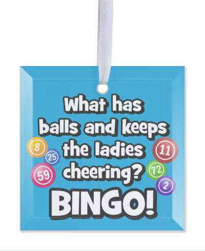 blue what has balls and keeps the ladies cheering bingo humor funny stickers, magnet