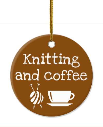 brown white knitting and coffee mug stickers, magnet