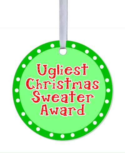 fun xmas ugliest christmas sweater award green red circle stickers, magnet