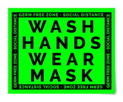 germ free zone social distance wash hands wear mask bright green floor stic