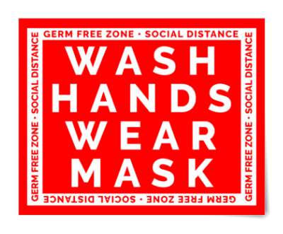 germ free zone social distance wash hands wear mask bright red floor sticke