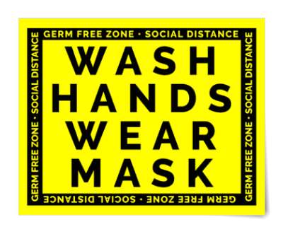 germ free zone social distance wash hands wear mask bright yellow floor sti