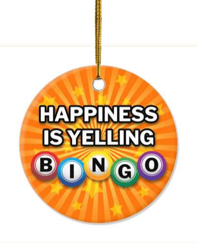 happiness is yelling bingo star burst bingo balls rays orange stickers, magnet
