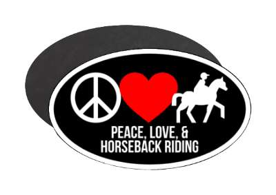 horseback rider silhouette peace love and horseback riding heart stickers, magnet