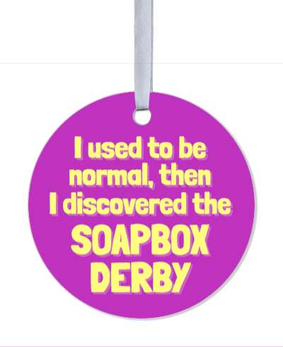 i used to be normal then i discovered the soapbox derby purple pale yellow stickers, magnet