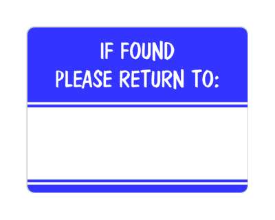if found please return to fill in space blue stickers, magnet