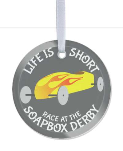 life is short race at the soapbox derby grey stickers, magnet