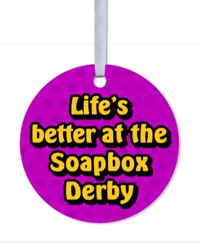 lifes better at the soapbox derby purple polka dots stickers, magnet