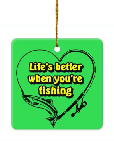 lifes better when youre fishing pole fish heart green black yellow stickers, magnet