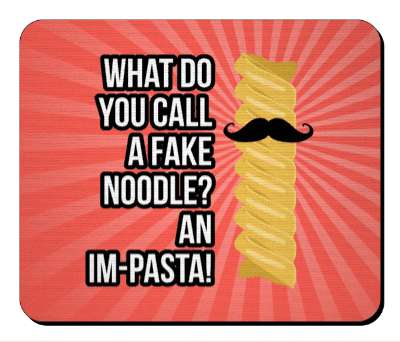 noodle with mustache what do you call a fake noodle an impasta imposter joke stickers, magnet