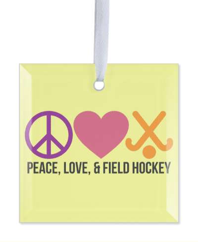pale yellow peace love and field hockey symbols heart crossed sticks and ball stickers, magnet