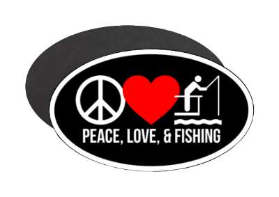 peace love and fishing symbols black white red stickers, magnet