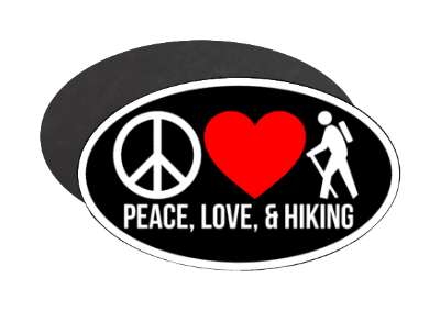 peace love and hiking three symbols red heart hiker stickers, magnet