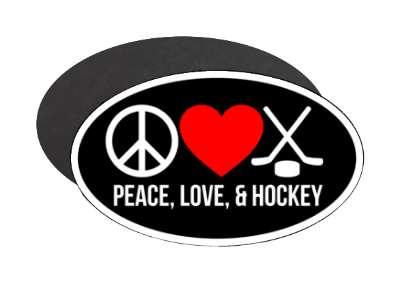 peace love and hockey crossed sticks puck stickers, magnet