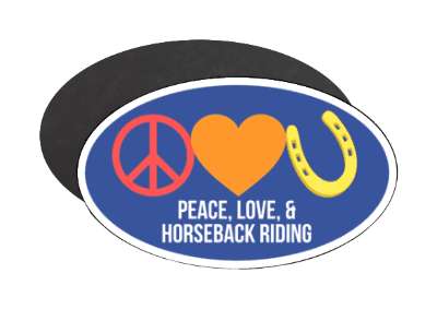 peace love and horseback riding three symbols horseshoe stickers, magnet