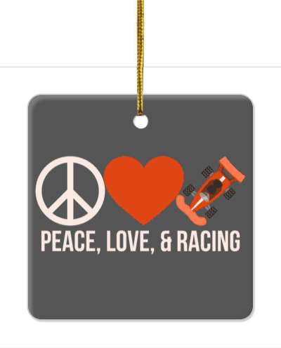 peace love and racing heart symbol race car racing road grey stickers, magnet