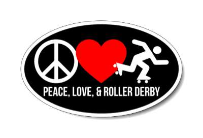 peace love and roller derby heart red stickers, magnet