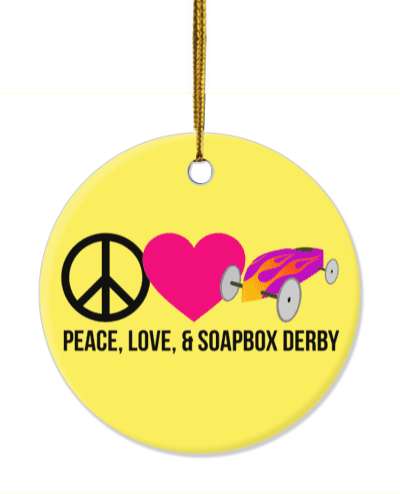 peace love and soapbox derby pale yellow orange stickers, magnet