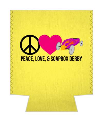 peace love and soapbox derby yellow heart stickers, magnet