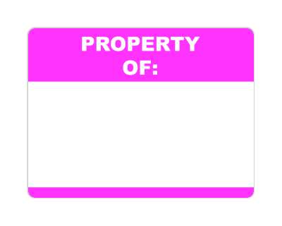 property of blank nametag fill in purple stickers, magnet