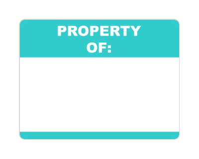 property of blank nametag fill in teal stickers, magnet