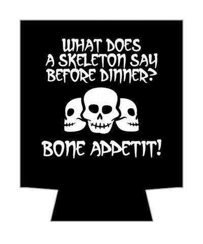 pun what does a skeleton say before dinner bone appetit skulls stickers, magnet