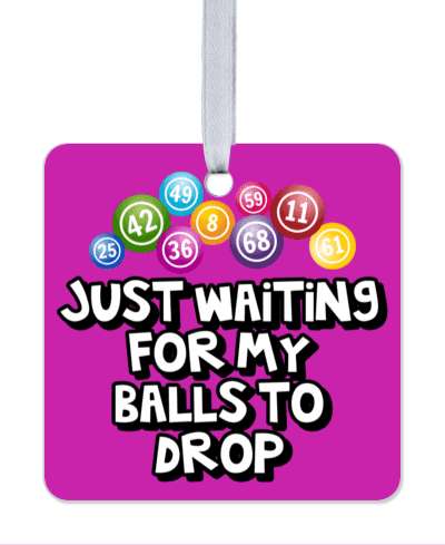 purple just waiting for my balls to drop bingo wordplay humor stickers, magnet
