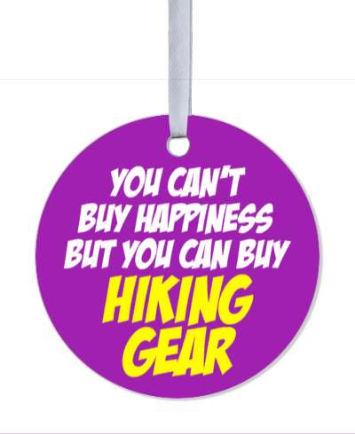 purple yellow white you cant buy happiness but you can buy hiking gear stickers, magnet