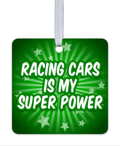 racing cars is my super power starburst rays green stickers, magnet