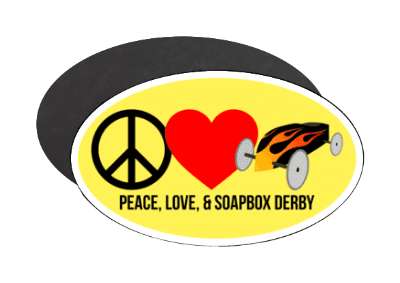 red heart peace love and soapbox derby stickers, magnet