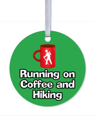running on coffee and hiking red mug green stickers, magnet