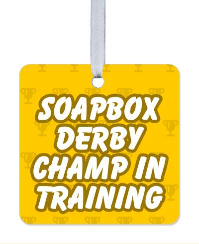 soapbox derby champ in training trophy silhouette orange stickers, magnet