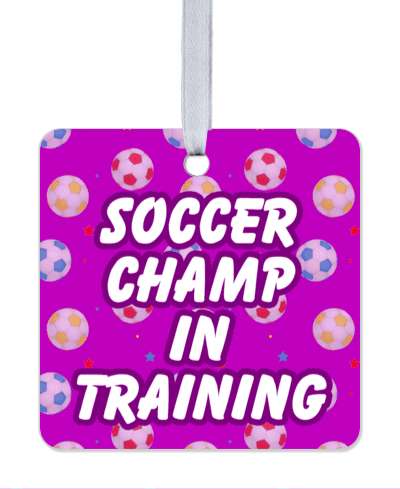 soccer champ in training soccerballs pattern purple stickers, magnet