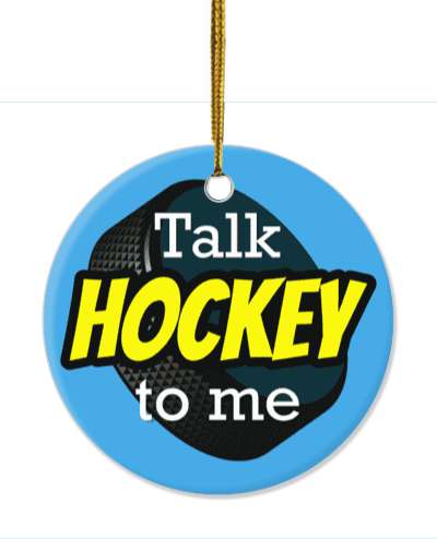 talk hockey to me hockey puck blue yellow stickers, magnet