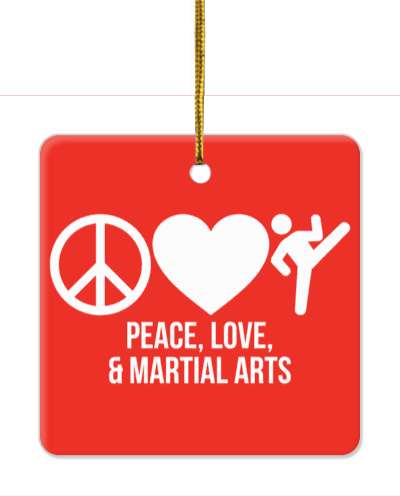 three symbols peace love and martial arts heart kicking stick figure red white stickers, magnet
