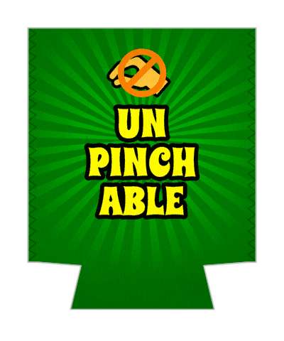 wearing green joke unpinchable pinching crossed out stickers, magnet