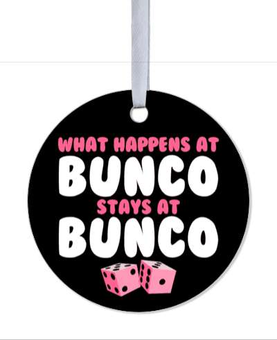 what happens at bunco stays at bunco dice black pink white stickers, magnet