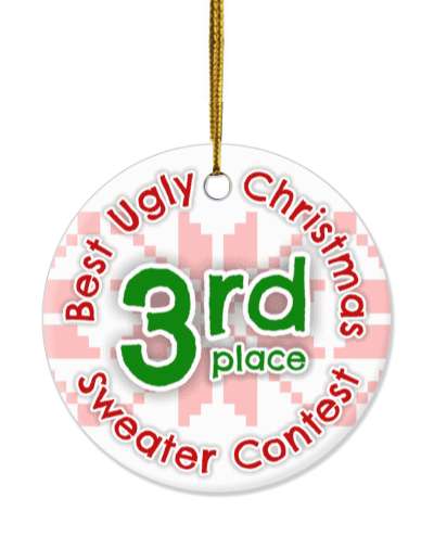 white third place ugly christmas sweater contest stickers, magnet