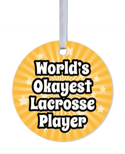 worlds okayest lacrosse player starburst rays orange stickers, magnet