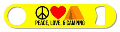 yellow peace love and camping tent heart stickers, magnet