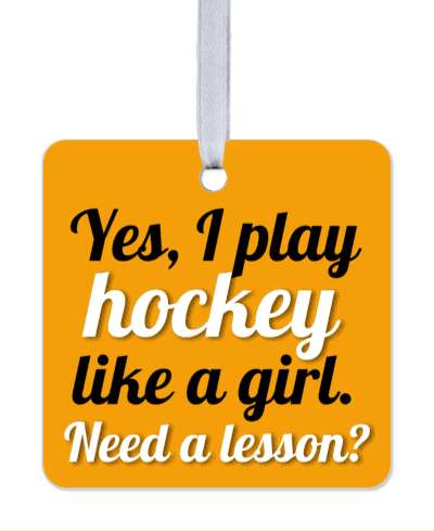 yes i play hockey like a girl need a lesson puck funny saying orange stickers, magnet