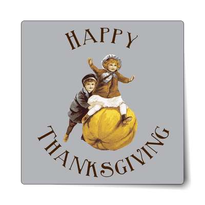 grey happy thanksgiving kids playing pumpkin vintage sticker