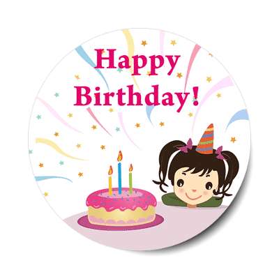 happy birthday cartoon girl cake candles confetti sticker