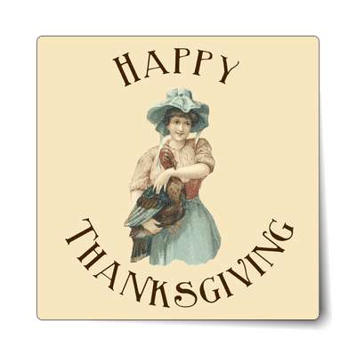 retro woman holding turkey tan happy thanksgiving sticker