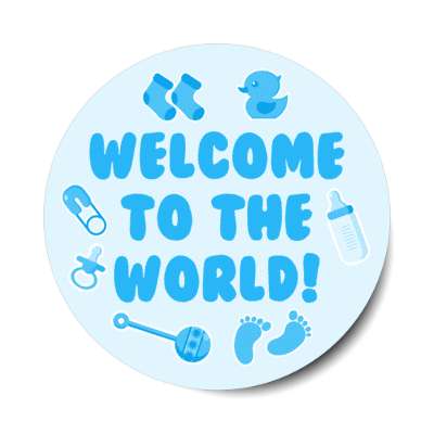 blue welcome to the world baby footprints rattle pacifier pin bottle rubber ducky socks stickers, magnet