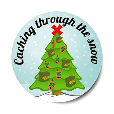 caching through the snow wordplay gps geocaching boxes christmas tree stickers, magnet