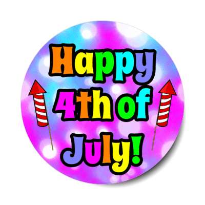 colorful happy 4th of july bokeh purple aqua firework rockets stickers, magnet